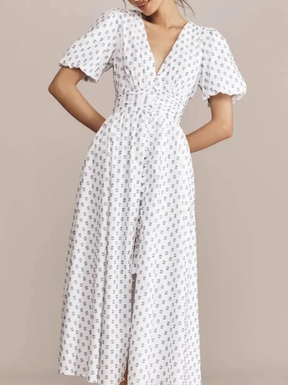Anthropologie Katerina White Midi Dress with Blue Floral Print